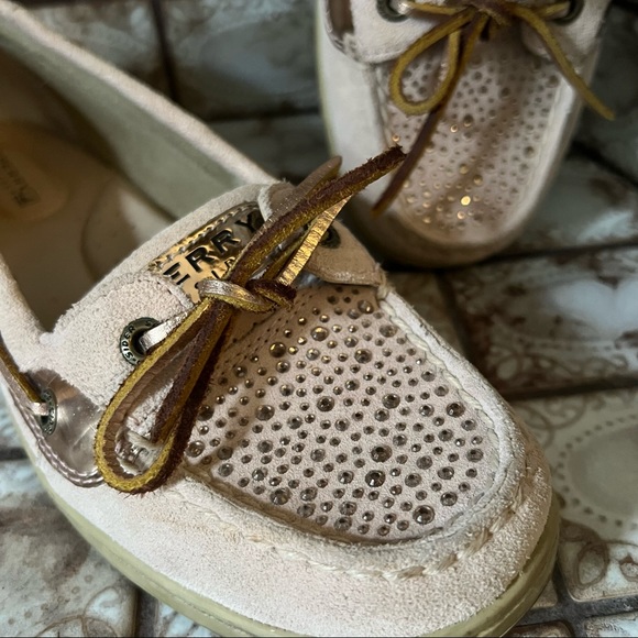 SPERRY Blush & Rose Gold Suede Topsiders w Rhinestone Accents Size 8 - Picture 2 of 10